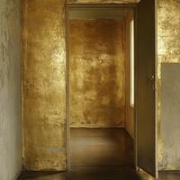 Open doorway reveals a room adorned with golden textures photo