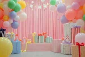 A room with balloons, gifts and a birthday cake photo
