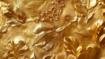 Golden floral relief sculpture glistens with light and shadow photo