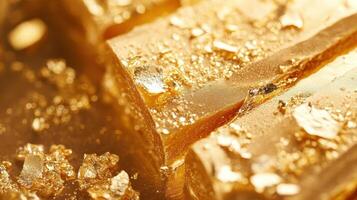 Golden bars covered in gold flakes creating an abstract texture photo