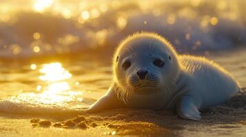 A baby seal laying on the beach at sunset photo