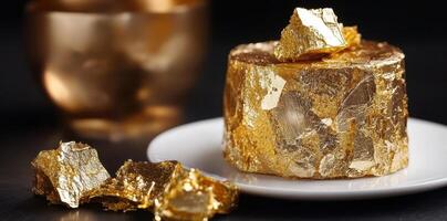 Golden cake with gold nuggets on a white plate photo