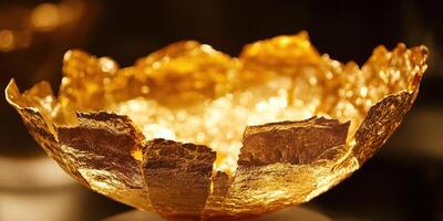 Elegant golden bowl gleams with soft internal lighting photo