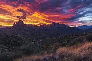 A sunset over the mountains with cactus plants photo