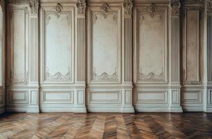 An empty room with wood floors and white walls photo