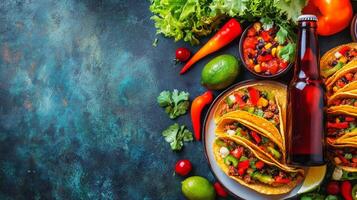 Tacos, beer and vegetables on a dark blue background photo