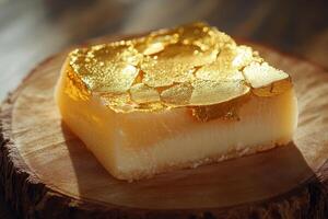 Luxurious dessert square with golden leaf on a wooden base photo