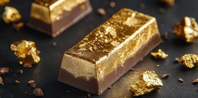 Chocolate bars with gold leaf and gold nugget decorations photo