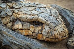 Stone snake sculpture emerges from weathered driftwood environment photo