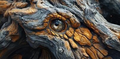 An ancient dragon like creature formed from wood appears alive photo