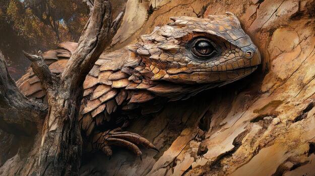 Armored lizard clings to a tree bark texture background photo