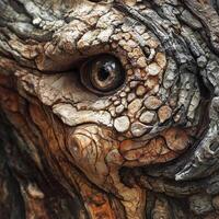 A reptile eye with bark texture stares intensely forward photo