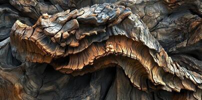 Decaying wood reveals layered texture and cracked dry surface photo
