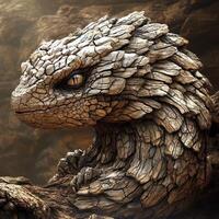 Realistic stone dragon with yellow eye rests on rocks photo