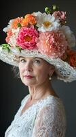 A woman wearing a large hat with flowers photo
