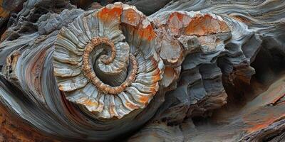 Fossilized ammonite shell embedded in colorful textured sedimentary rock photo
