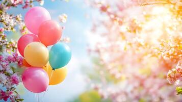 Colorful balloons are in the foreground of a tree photo