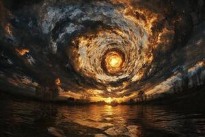 Dramatic swirling clouds over reflective water landscape at sunset photo