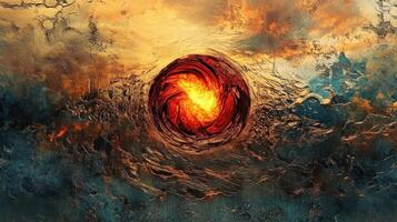Fiery orb dominates a surreal landscape with dramatic textures photo