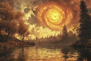Golden cosmic swirl over autumn landscape reflected in water photo