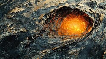 Bright lava flows from a hole in dark rock photo