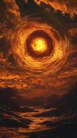 Swirling vortex of fire above ominous landscape at sunset photo