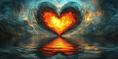 Flaming heart reflecting over rippling water with abstract backgrounds photo