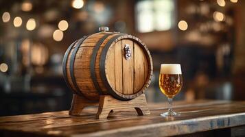 A glass of beer and a wooden barrel on a table photo