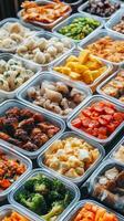 A large number of containers filled with various types of food photo