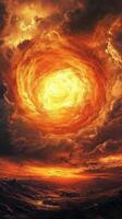 A fiery vortex swirls above a dark stormy sea photo