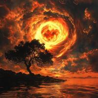 A lone tree stands before a fiery vortex in the sky photo