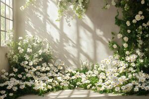 A room with white flowers and green leaves photo