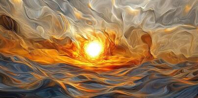 Abstract artwork of a sunset over a wavy landscape photo