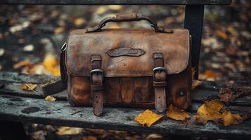 Leather messenger bag rests on wooden bench surrounded by leaves photo