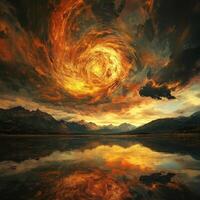 Fiery sky with a vortex above mountain reflected on lake photo