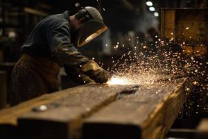 A man is welding a piece of wood photo