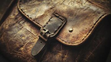 Close up of a worn brown leather satchel bag photo