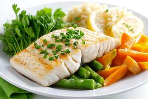 A plate of fish, vegetables and pasta photo