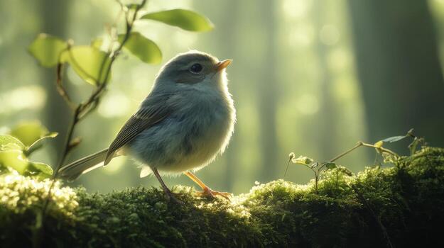 A small bird is standing on a moss covered branch photo