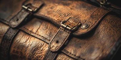 Detailed close up shot of a weathered leather satchel photo