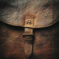 Close up of a worn brown leather bag with buckle photo