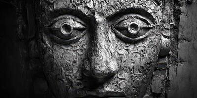 Ancient stone carved face shows age with textured details photo