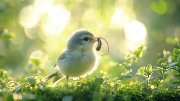A small bird with a worm in its mouth photo