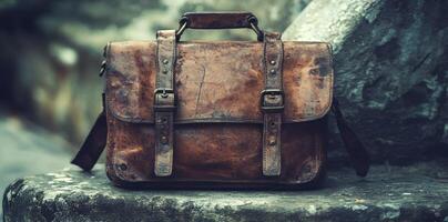 A vintage leather satchel is sitting on a stone surface photo