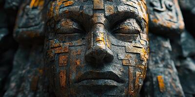 Ancient stone face with intricate carvings and golden highlights photo