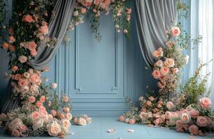 A room with flowers and curtains photo