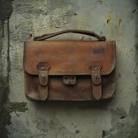Worn leather satchel hangs against a textured distressed wall photo