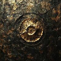 Fossilized ammonite imbedded in rough dark textured stone surface photo