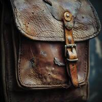Close up of an aged distressed leather satchel with buckle photo