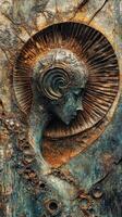 Ancient stylized bust radiating with textural and celestial qualities photo